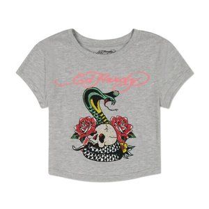 Ed Hardy Rose Cobra Crop Tee Rhinestone Graphic -Snake and Skull